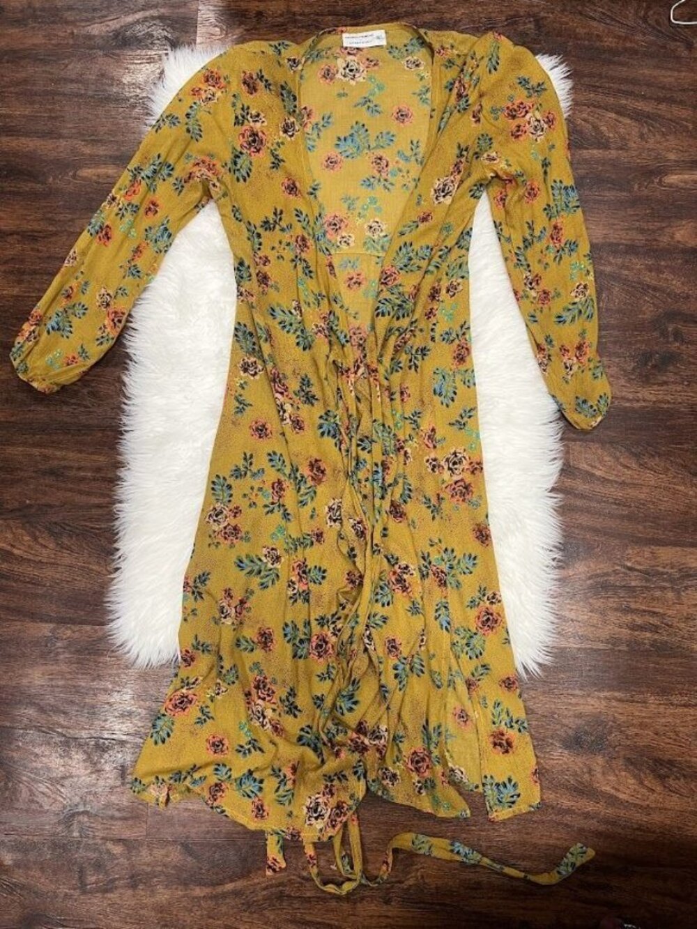 Floral Yellow Wrap Midi Dress M With Tie Waist & Long Sleeves - Picture 7 of 8